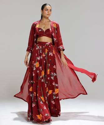 Red printed organza co ord set with cape 2