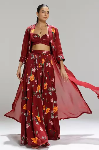 Red printed organza co ord set with cape