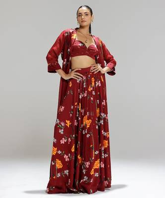 Red printed organza co ord set with cape 3