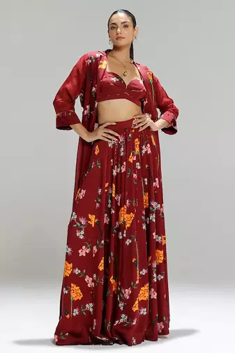 Red printed organza co ord set with cape