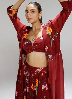 Red printed organza co ord set with cape 4
