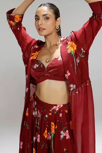 Red printed organza co ord set with cape