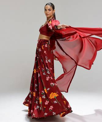 Red printed organza co ord set with cape 5