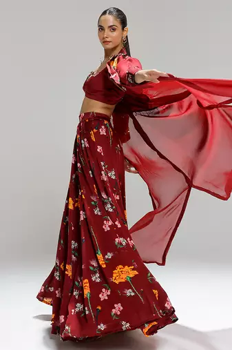 Red printed organza co ord set with cape