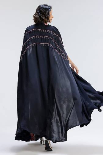 Blue printed georgette co ord set with cape