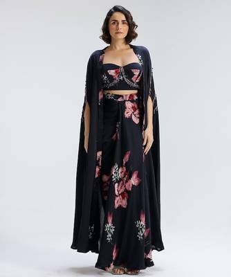 Blue printed georgette co ord set with cape 1