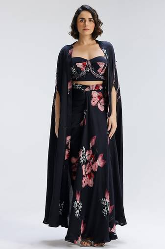 Blue printed georgette co ord set with cape