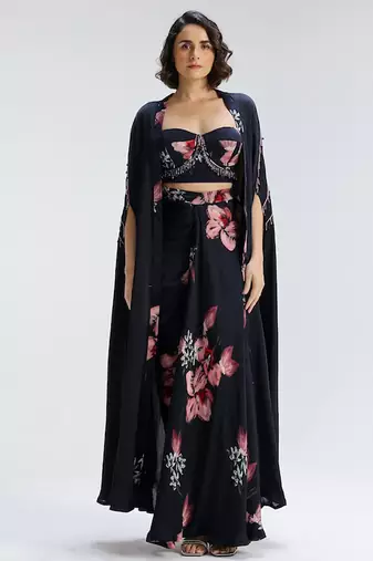 Blue printed georgette co ord set with cape