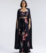 Blue printed georgette co ord set with cape