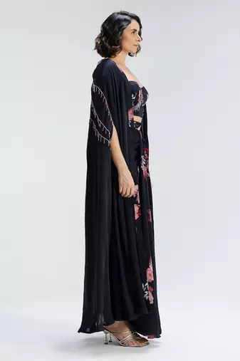 Blue printed georgette co ord set with cape