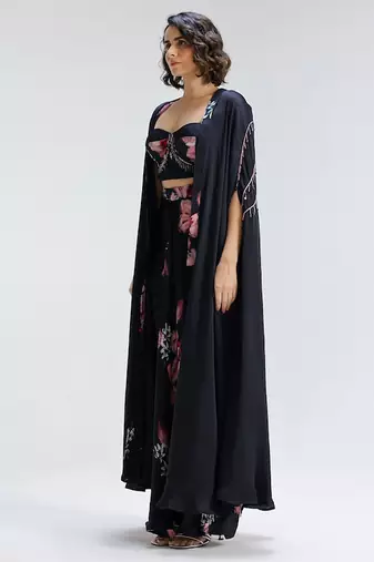 Blue printed georgette co ord set with cape