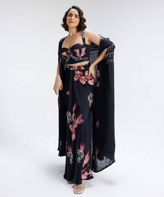 Blue printed georgette co ord set with cape 5