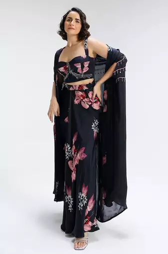 Blue printed georgette co ord set with cape
