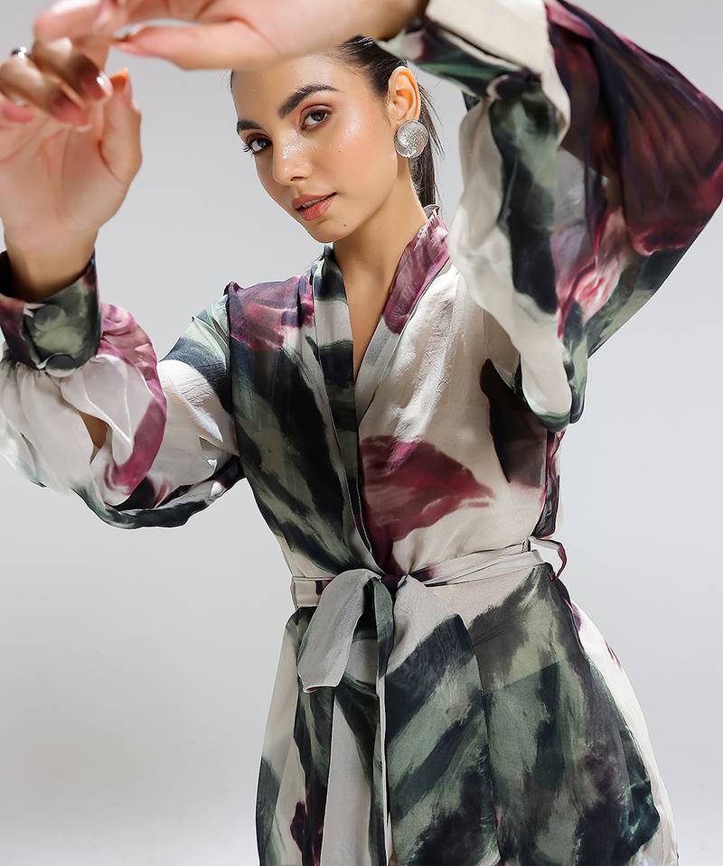 Multicolor printed organza co ord set