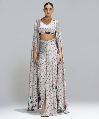 Multicolor printed georgette co ord set with cape 1
