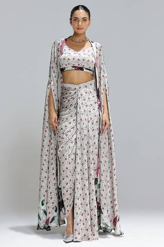 Multicolor printed georgette co ord set with cape