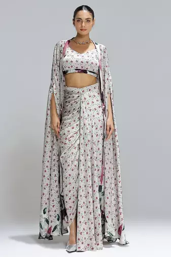 Multicolor printed georgette co ord set with cape