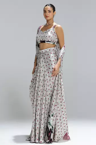 Multicolor printed georgette co ord set with cape