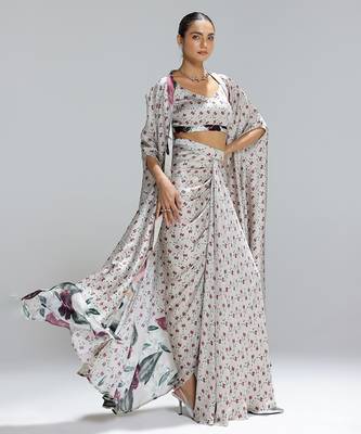 Multicolor printed georgette co ord set with cape 3