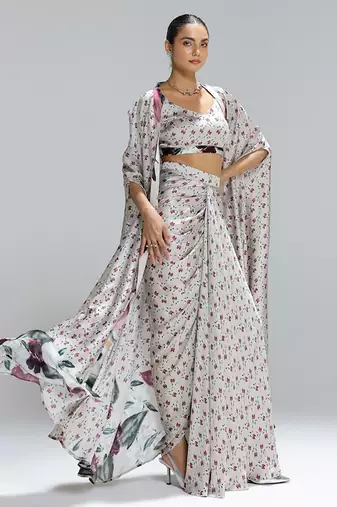 Multicolor printed georgette co ord set with cape