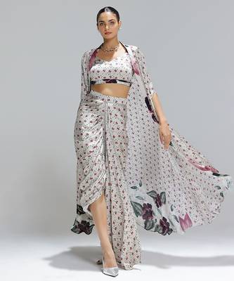 Multicolor printed georgette co ord set with cape 4