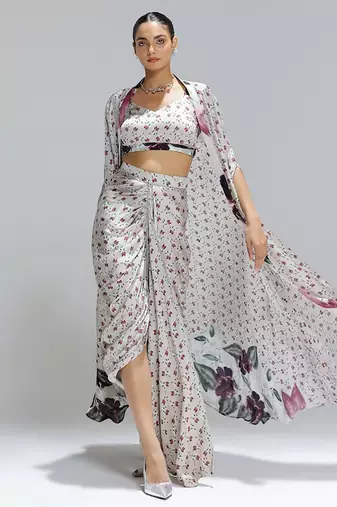 Multicolor printed georgette co ord set with cape