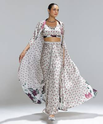 Multicolor printed georgette co ord set with cape 5