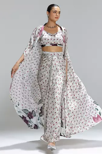 Multicolor printed georgette co ord set with cape