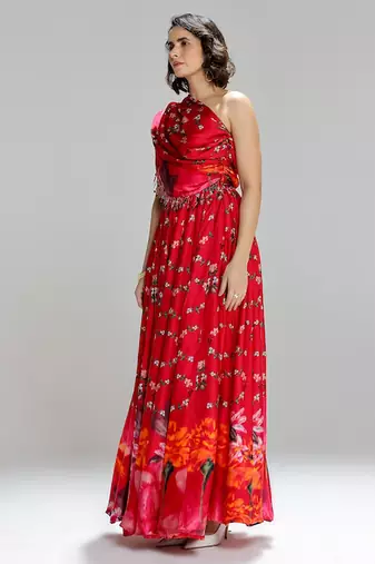 Red printed georgette co ord set