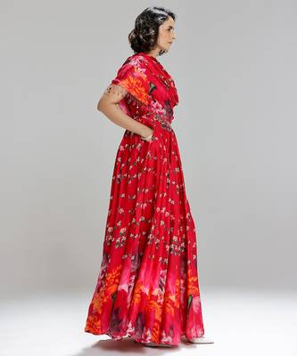 Red printed georgette co ord set 3