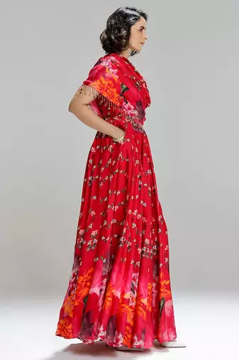 Red printed georgette co ord set