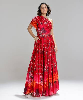 Red printed georgette co ord set 1