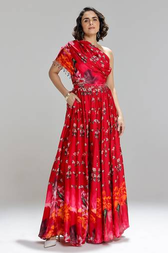 Red printed georgette co ord set