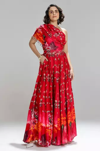 Red printed georgette co ord set