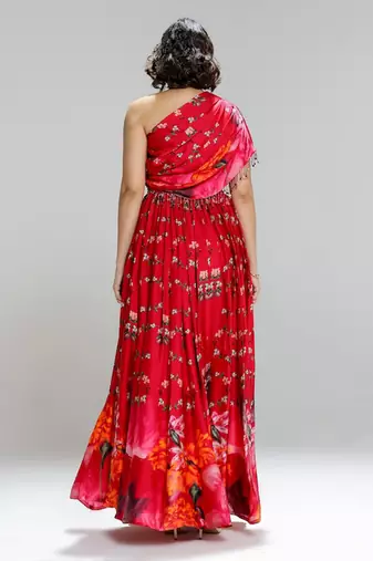 Red printed georgette co ord set