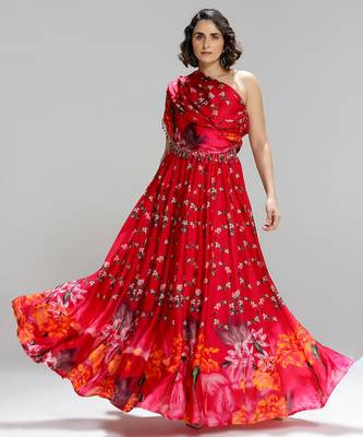 Red printed georgette co ord set 5