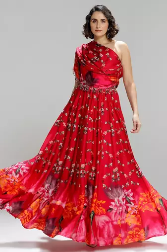 Red printed georgette co ord set