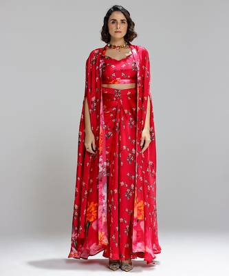 Red printed georgette co ord set with cape 1