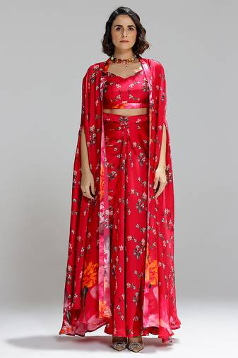 Red printed georgette co ord set with cape