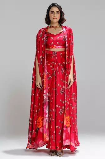 Red printed georgette co ord set with cape