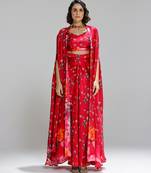 Red printed georgette co ord set with cape