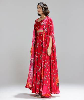 Red printed georgette co ord set with cape 2