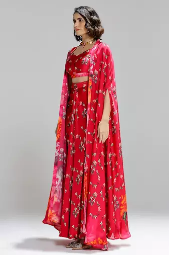 Red printed georgette co ord set with cape
