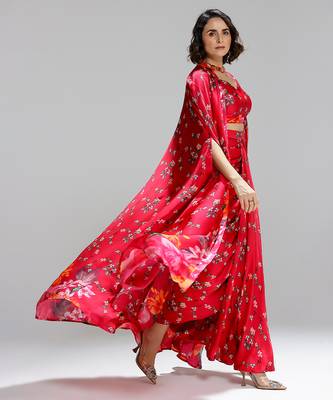 Red printed georgette co ord set with cape 3