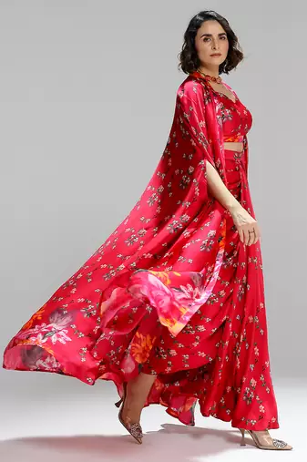 Red printed georgette co ord set with cape