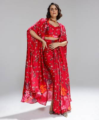 Red printed georgette co ord set with cape 4