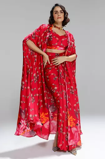 Red printed georgette co ord set with cape