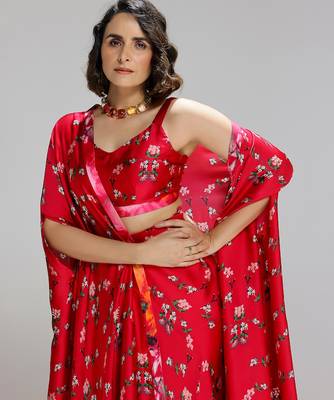 Red printed georgette co ord set with cape 5