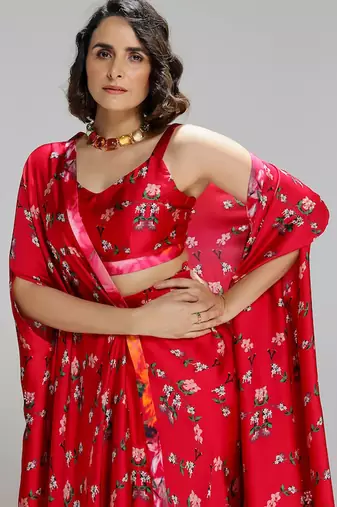 Red printed georgette co ord set with cape