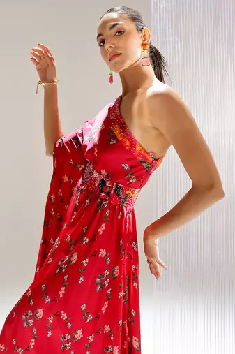 Red printed georgette gown